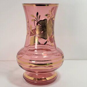 Large Pink Cranberry Style Glass Flower Vase with Gold Leaf Pattern – 9.5" Tall